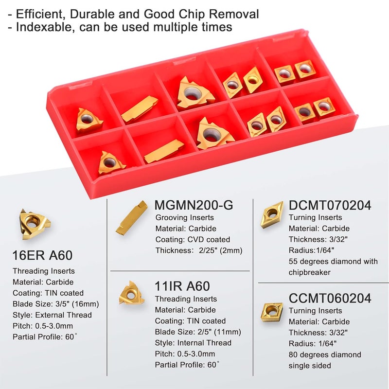 IWONGO Lathe Turning Tool Kit, 7pcs 1/2'' Indexable Metal Lathe Tool Holders with 14pcs Carbide Inserts, for Turning, Boring, Grooving, Cutting & Threading, for Professionals & DIY Enthusiasts - Image 3